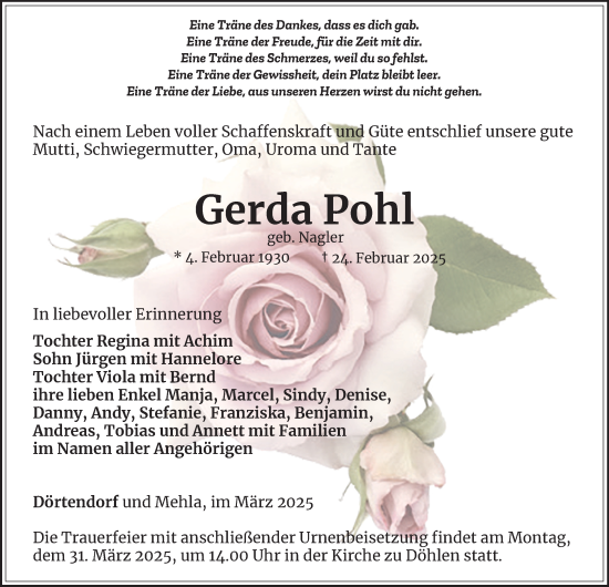 Traueranzeige von Gerda Pohl von Ostthüringer Zeitung