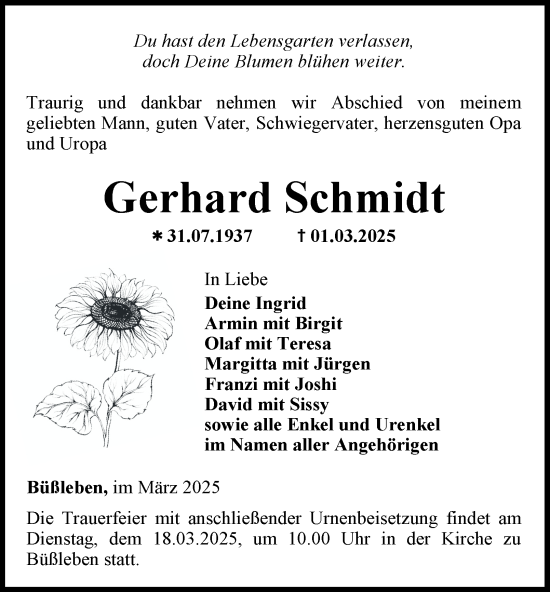 Traueranzeige von Gerhard Schmidt von Thüringer Allgemeine, Thüringische Landeszeitung