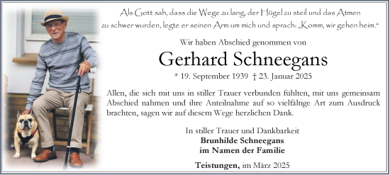 Traueranzeige von Gerhard Schneegans von Thüringer Allgemeine