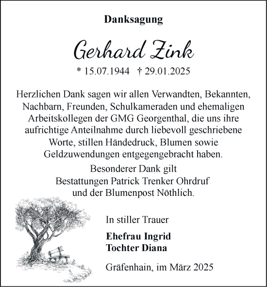Traueranzeige von Gerhard Zink von Thüringer Allgemeine, Thüringische Landeszeitung