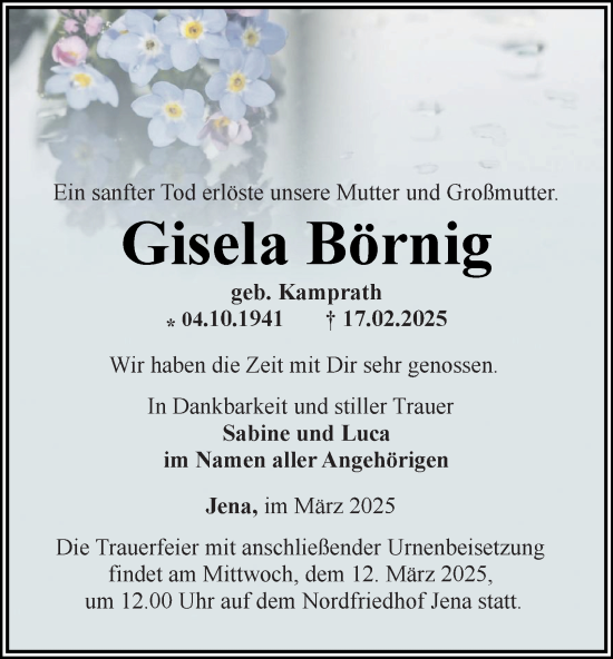 Traueranzeige von Gisela Börnig von Ostthüringer Zeitung, Thüringische Landeszeitung