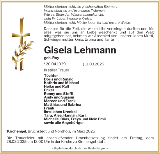 Traueranzeige von Gisela Lehmann von Thüringer Allgemeine