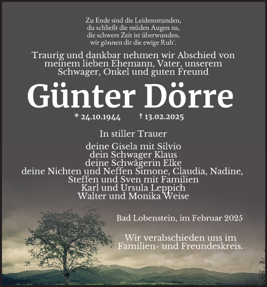 Traueranzeige von Günter Dörre von Ostthüringer Zeitung