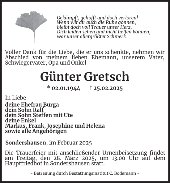 Traueranzeige von Günter Gretsch