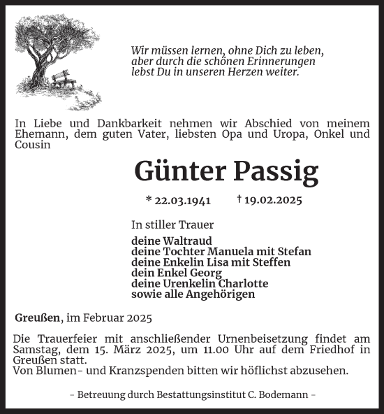 Traueranzeige von Günter Passig von Thüringer Allgemeine