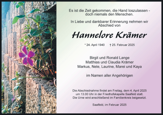 Traueranzeige von Hannelore Krämer von Ostthüringer Zeitung