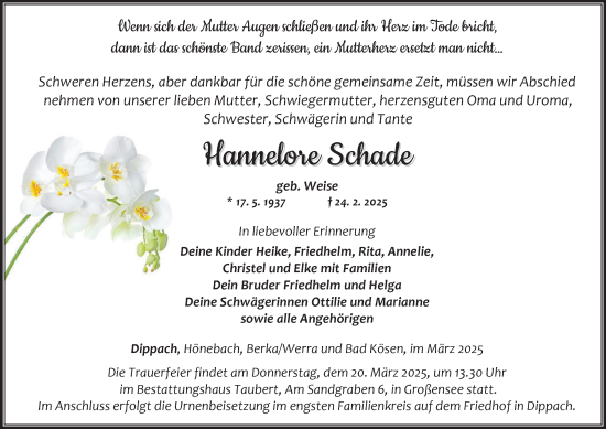 Traueranzeige von Hannelore Schade von Thüringer Allgemeine, Thüringische Landeszeitung