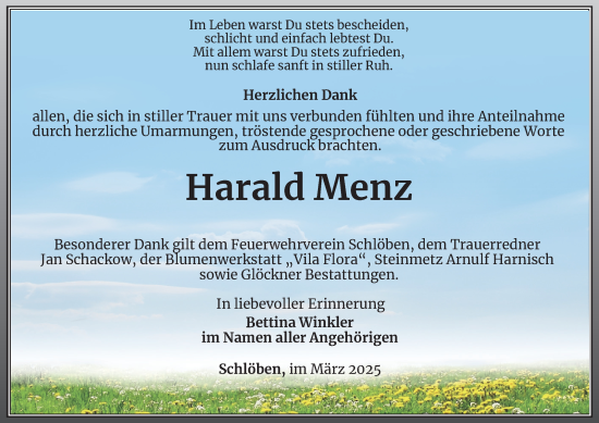 Traueranzeige von Harald Menz von Ostthüringer Zeitung