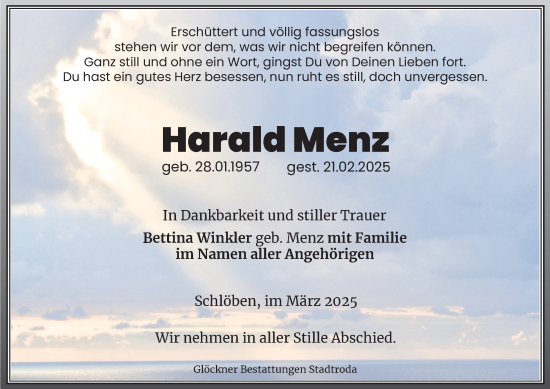 Traueranzeige von Harald Menz von Ostthüringer Zeitung