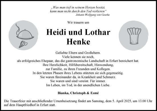 Traueranzeige von Heidi und Lothar Henke von Thüringer Allgemeine, Thüringische Landeszeitung