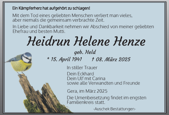 Traueranzeige von Heidrun Helene Henze von Ostthüringer Zeitung