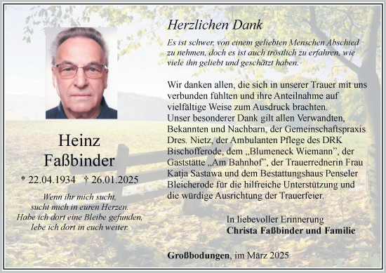 Traueranzeige von Heinz Faßbinder von Thüringer Allgemeine