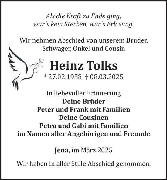 Traueranzeige von Heinz Tolks von Ostthüringer Zeitung