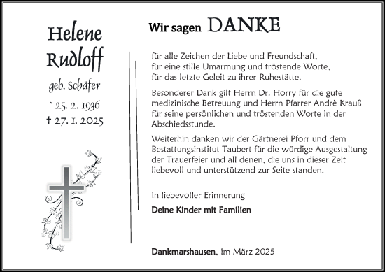 Traueranzeige von Helene Rudloff von Thüringer Allgemeine, Thüringische Landeszeitung