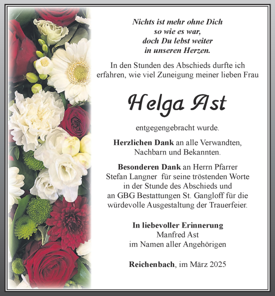 Traueranzeige von Helga Ast von Ostthüringer Zeitung