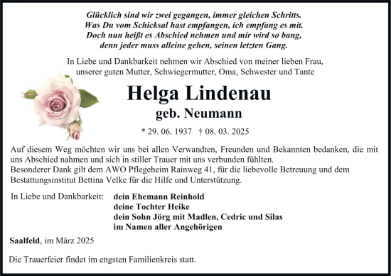 Traueranzeige von Helga Lindenau von Ostthüringer Zeitung