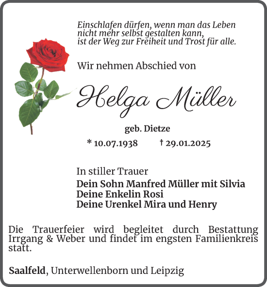 Traueranzeige von Helga Müller von Ostthüringer Zeitung