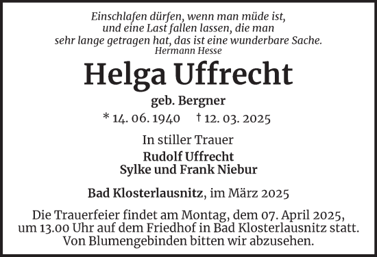 Traueranzeige von Helga Uffrecht von Ostthüringer Zeitung