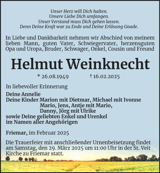 Traueranzeige von Helmut Weinknecht von Thüringer Allgemeine, Thüringische Landeszeitung