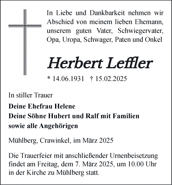 Traueranzeige von Herbert Leffler von Thüringer Allgemeine, Thüringische Landeszeitung