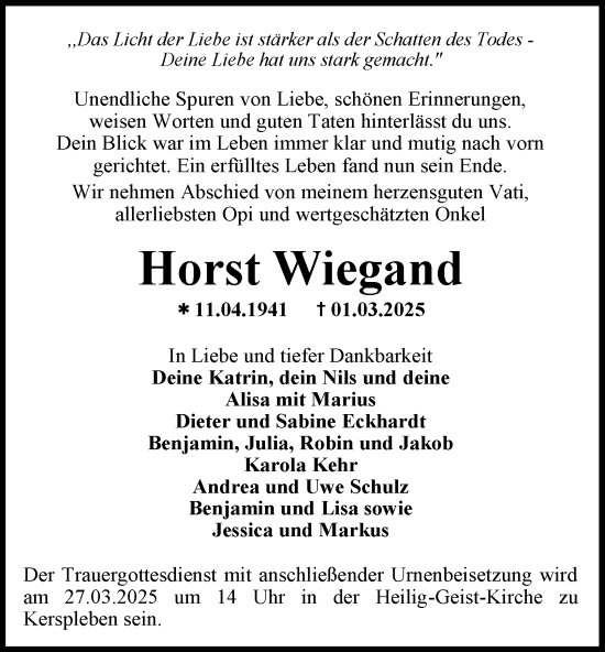 Traueranzeige von Horst Wiegand von Thüringer Allgemeine, Thüringische Landeszeitung