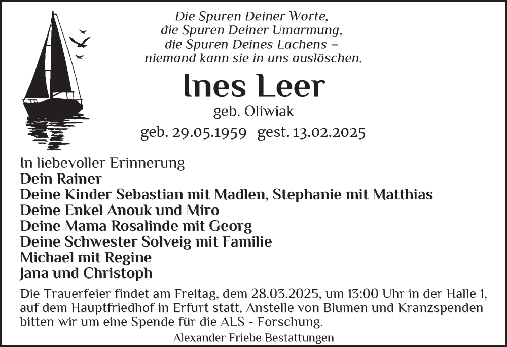  Traueranzeige für Ines Leer vom 15.03.2025 aus Thüringer Allgemeine, Thüringische Landeszeitung