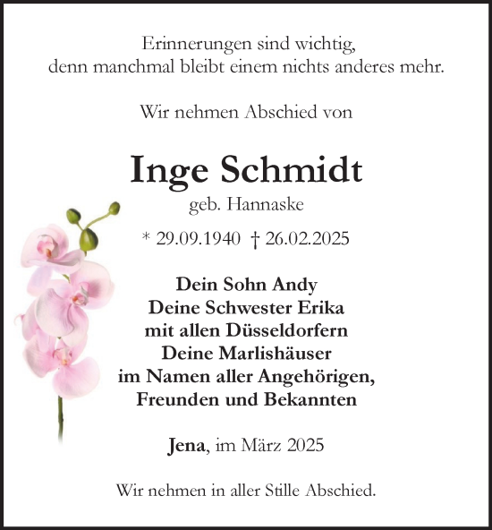 Traueranzeige von Inge Schmidt von Ostthüringer Zeitung, Thüringische Landeszeitung