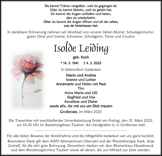 Traueranzeige von Isolde Leiding von Thüringer Allgemeine, Thüringische Landeszeitung