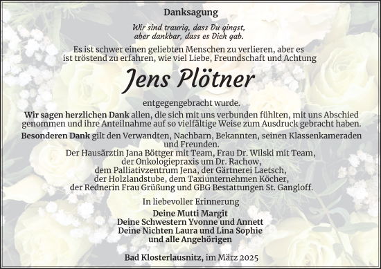 Traueranzeige von Jens Plötner von Ostthüringer Zeitung