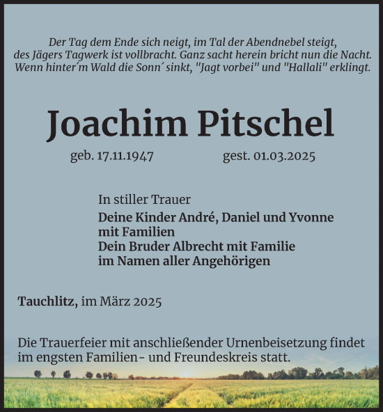 Traueranzeige von Joachim Pitschel