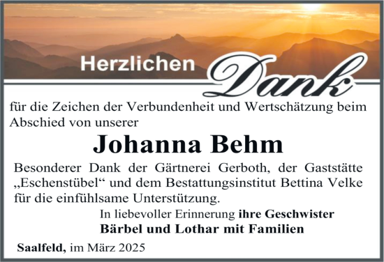 Traueranzeige von Johanna Behm von Ostthüringer Zeitung