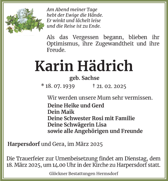 Traueranzeige von Karin Hädrich von Ostthüringer Zeitung