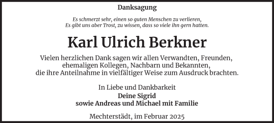 Traueranzeige von Karl Ulrich Berkner von Thüringer Allgemeine, Thüringische Landeszeitung