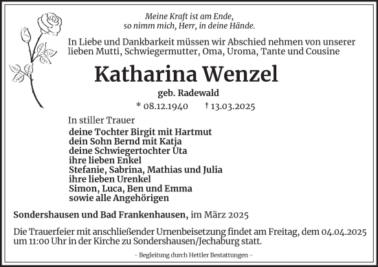Traueranzeige von Katharina Wenzel von Thüringer Allgemeine