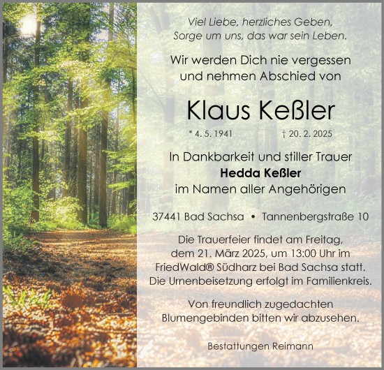 Traueranzeige von Klaus Keßler von Thüringer Allgemeine