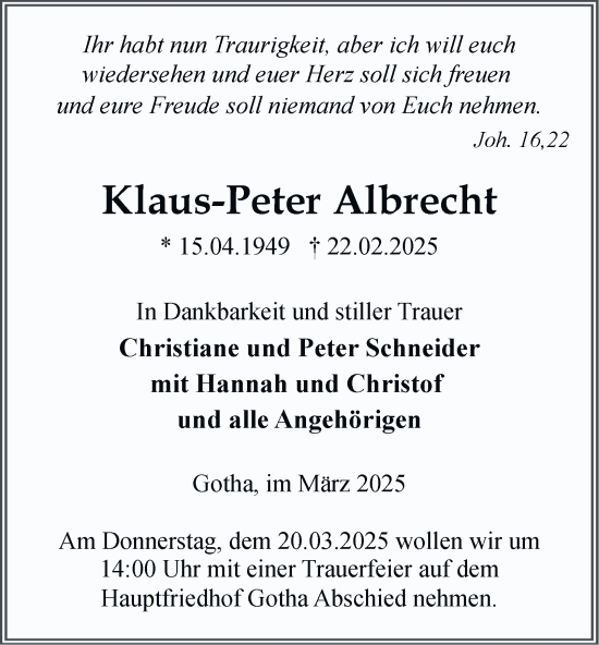 Traueranzeige von Klaus-Peter Albrecht von Thüringer Allgemeine, Thüringische Landeszeitung