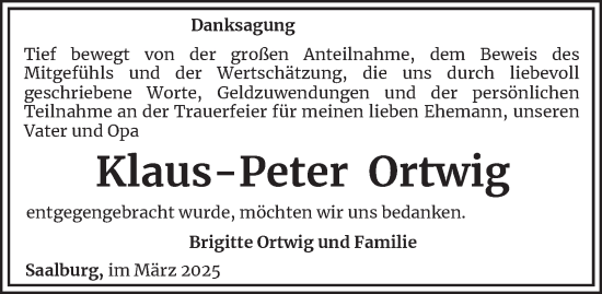 Traueranzeige von Klaus-Peter Ortwig von Ostthüringer Zeitung