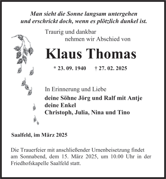Traueranzeige von Klaus Thomas von Ostthüringer Zeitung