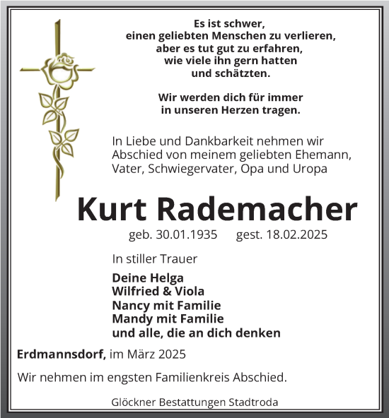 Traueranzeige von Kurt Rademacher von Ostthüringer Zeitung