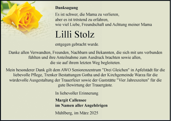 Traueranzeige von Lilli Stolz von Thüringer Allgemeine, Thüringische Landeszeitung