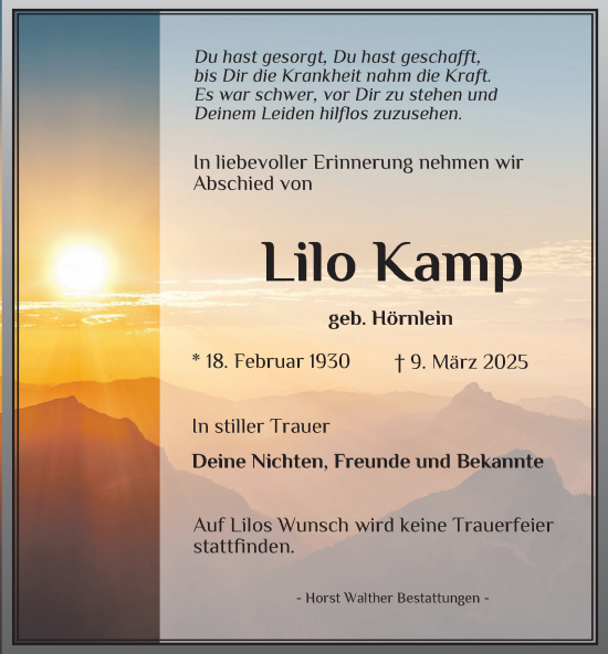 Traueranzeige von Lilo Kamp von Thüringer Allgemeine, Thüringische Landeszeitung