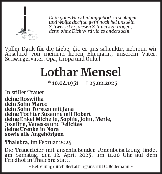 Traueranzeige von Lothar Mensel von Thüringer Allgemeine