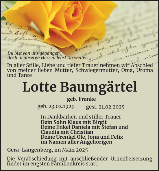 Traueranzeige von Lotte Baumgärtel von Ostthüringer Zeitung