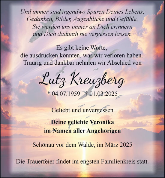 Traueranzeige von Lutz Kreuzberg von Thüringer Allgemeine, Thüringische Landeszeitung