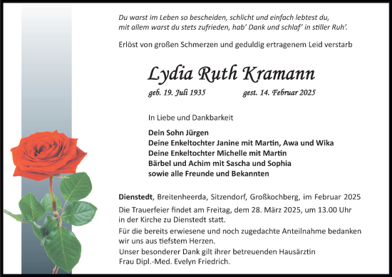 Traueranzeige von Lydia Ruth Kramann von Thüringer Allgemeine