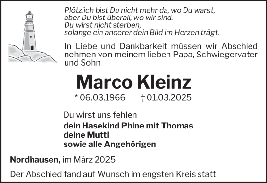Traueranzeige von Marco Kleinz von Thüringer Allgemeine