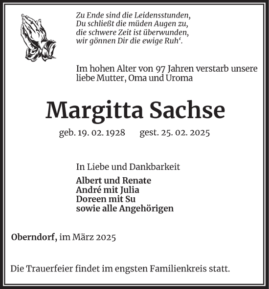 Traueranzeige von Margitta Sachse von Ostthüringer Zeitung