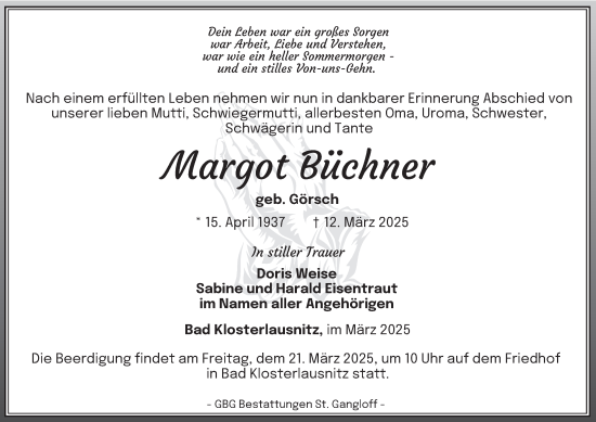 Traueranzeige von Margot Büchner von Ostthüringer Zeitung