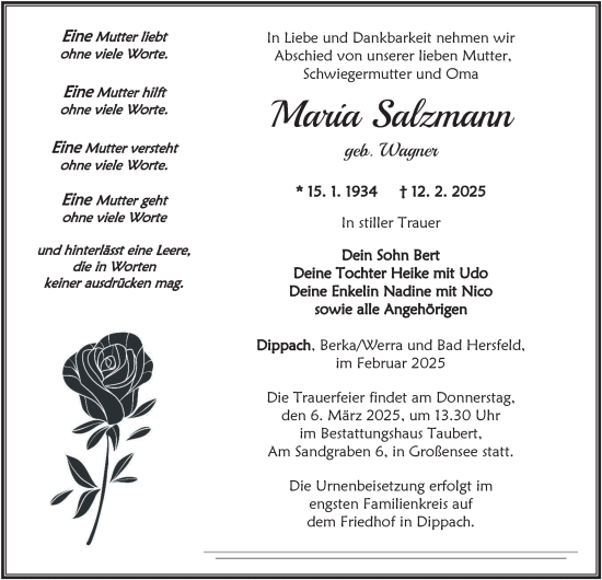 Traueranzeige von Maria Salzmann von Thüringer Allgemeine, Thüringische Landeszeitung