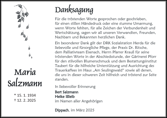 Traueranzeige von Maria Salzmann von Thüringer Allgemeine, Thüringische Landeszeitung